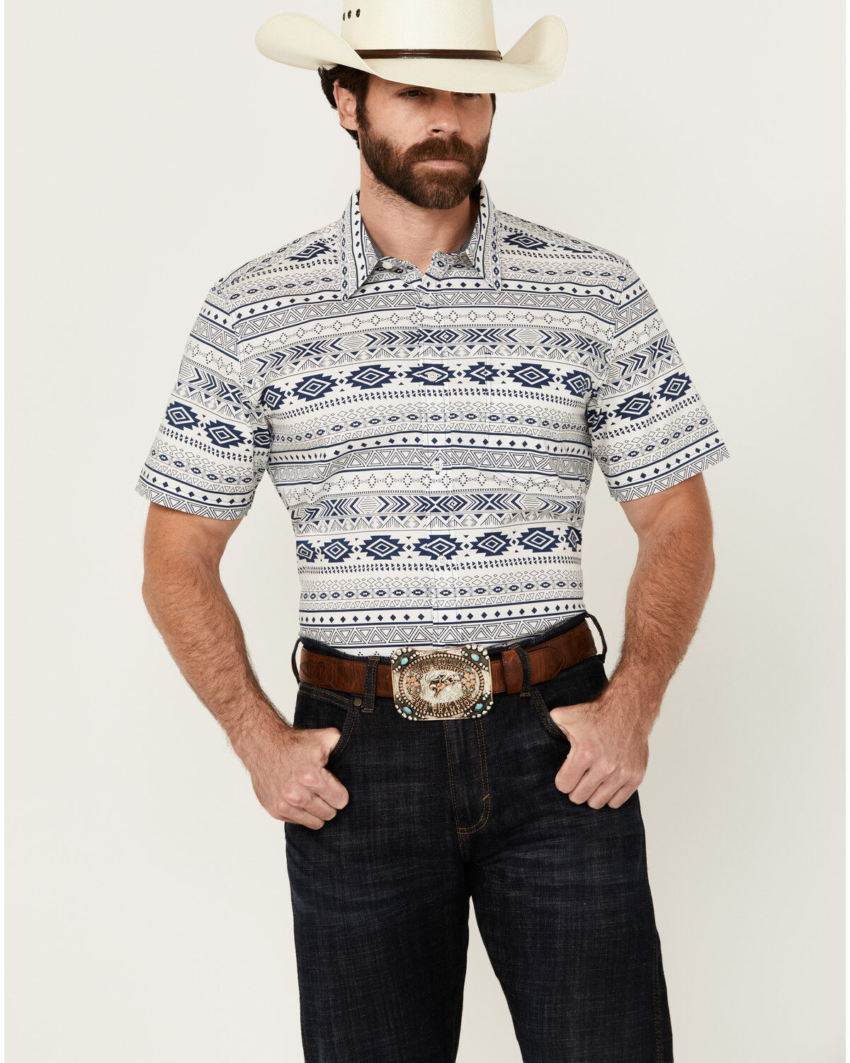 Image #1 - Cody James Men's Apache Trail Southwestern Striped Short Sleeve Button-Down Stretch Western Shirt, Navy, hi-res