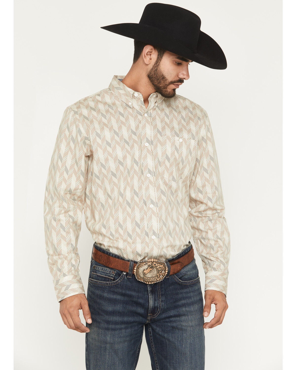 RANK 45&reg; Men's Shadow Alley Geo Print Long Sleeve Button-Down Stretch Western Shirt, Tan, hi-res