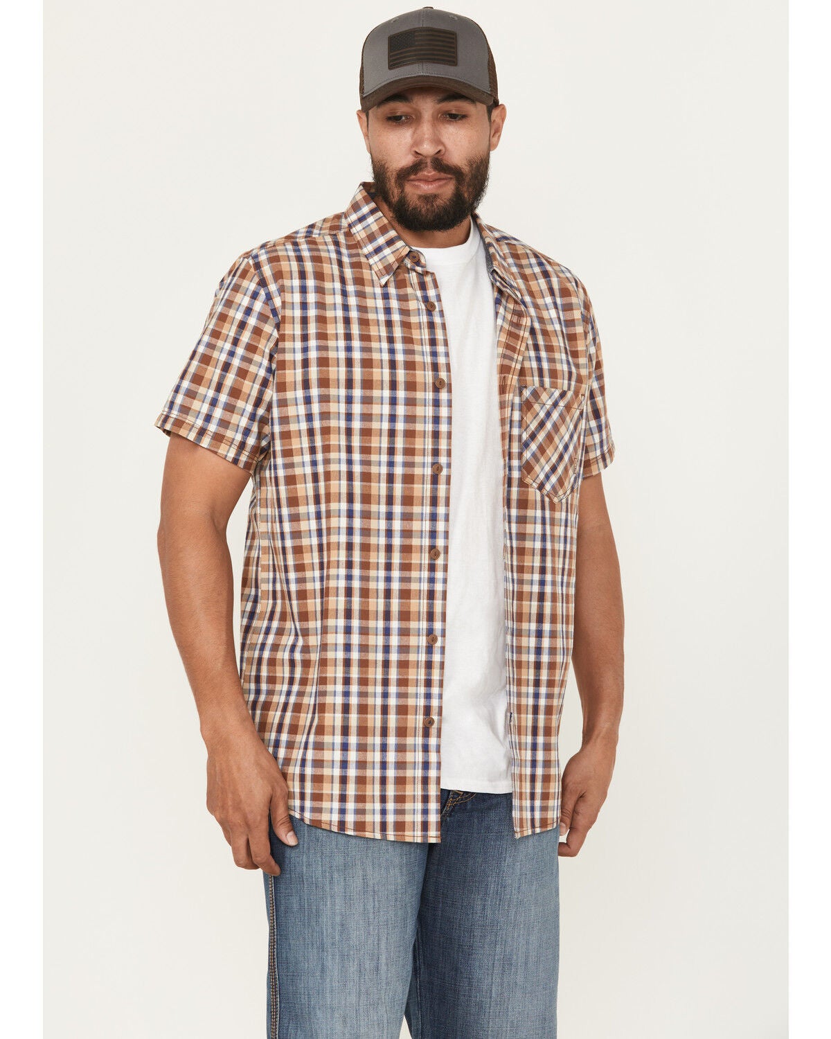 Brothers And Sons Men's Tehama Plaid Print Short Sleeve Button-Down Western Shirt, Brown, hi-res