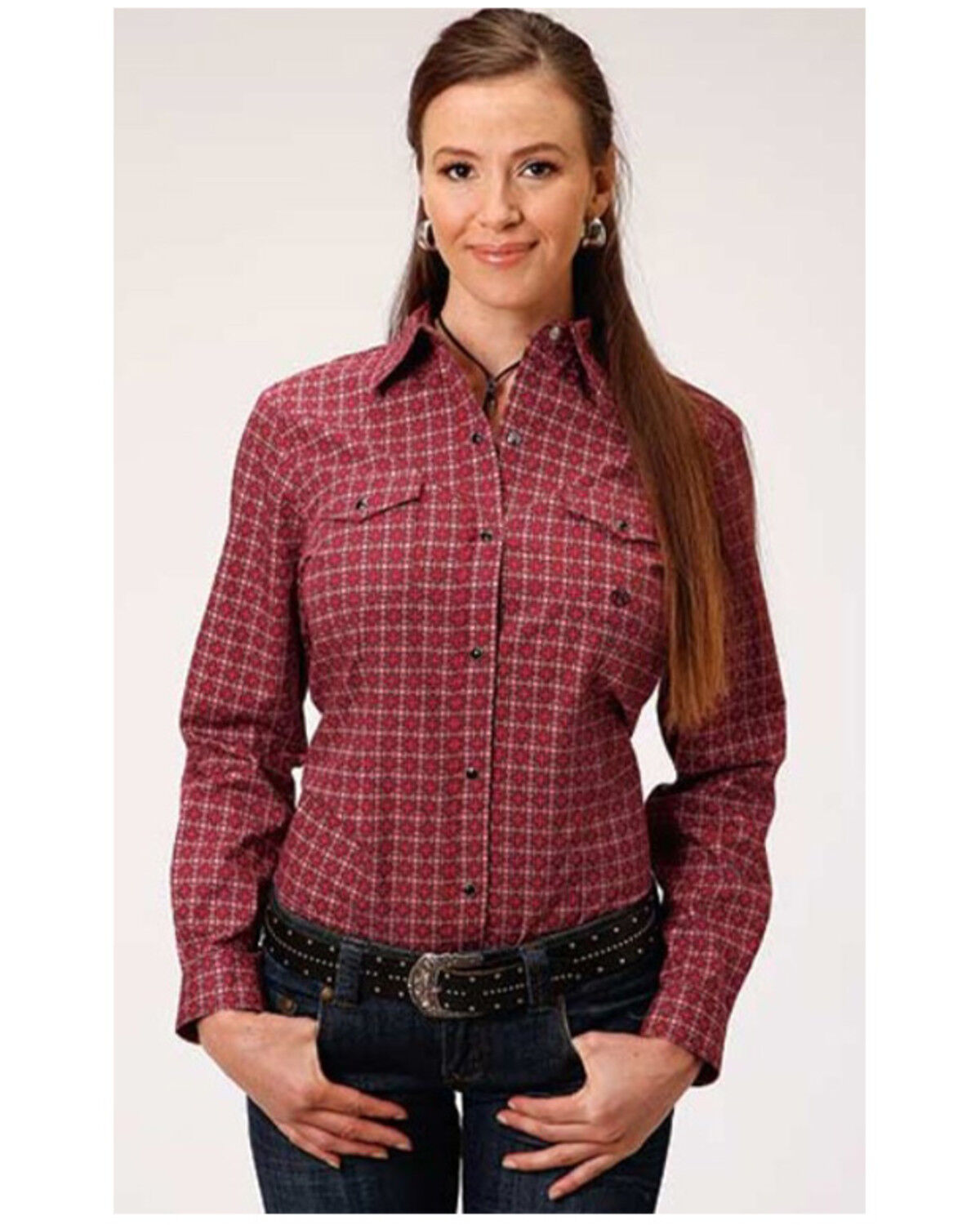 Image #1 - Roper Women's Red Geo Long Sleeve Western Shirt, Red, hi-res