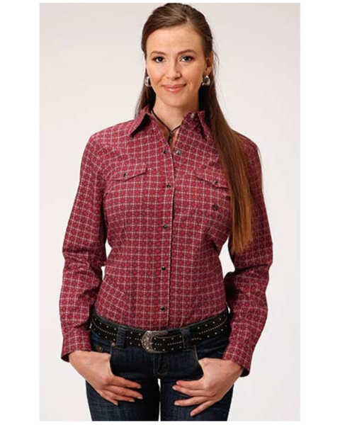 Roper Women's Red Geo Long Sleeve Western Shirt , Red, hi-res