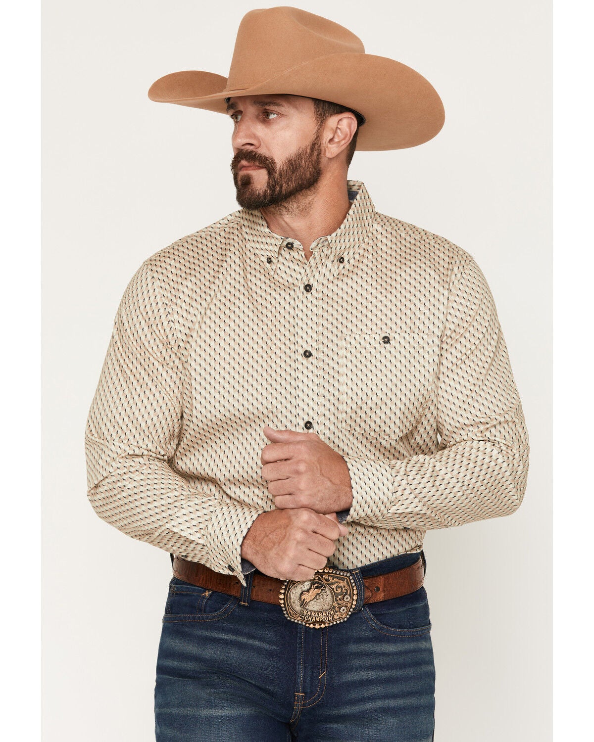 Image #1 - RANK 45&reg; Men's Men's Rowdy Geo Print Long Sleeve Button-Down Stretch Western Shirt, Tan, hi-res