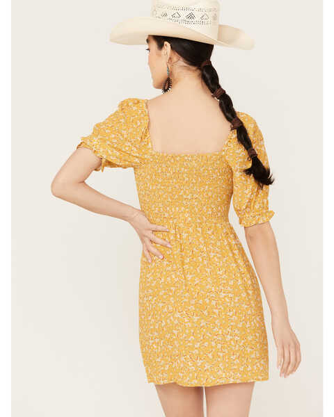 Beyond The Radar Women's Floral Print Smocked Waist Dress, Mustard, hi-res