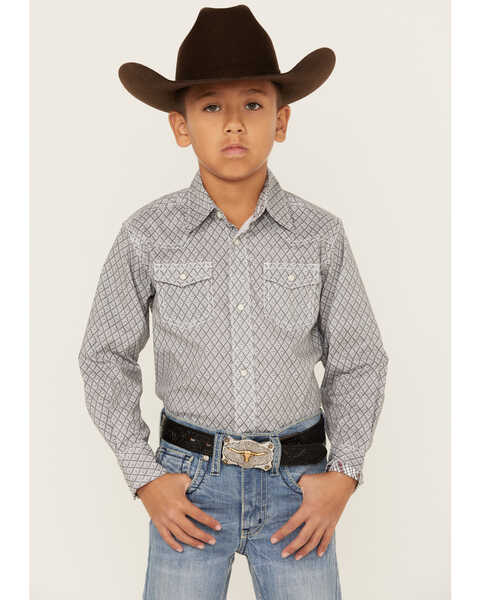 Image #1 - Wrangler Boys' 20X Advanced Comfort Geo Print Long Sleeve Snap Western Shirt, Grey, hi-res