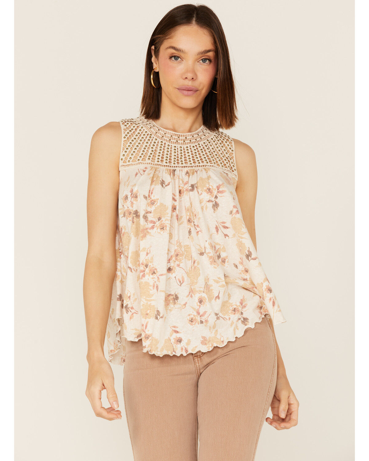Image #1 - Wild Moss Women's Crochet Studded Yoke Flowy Tank Top, Cream, hi-res