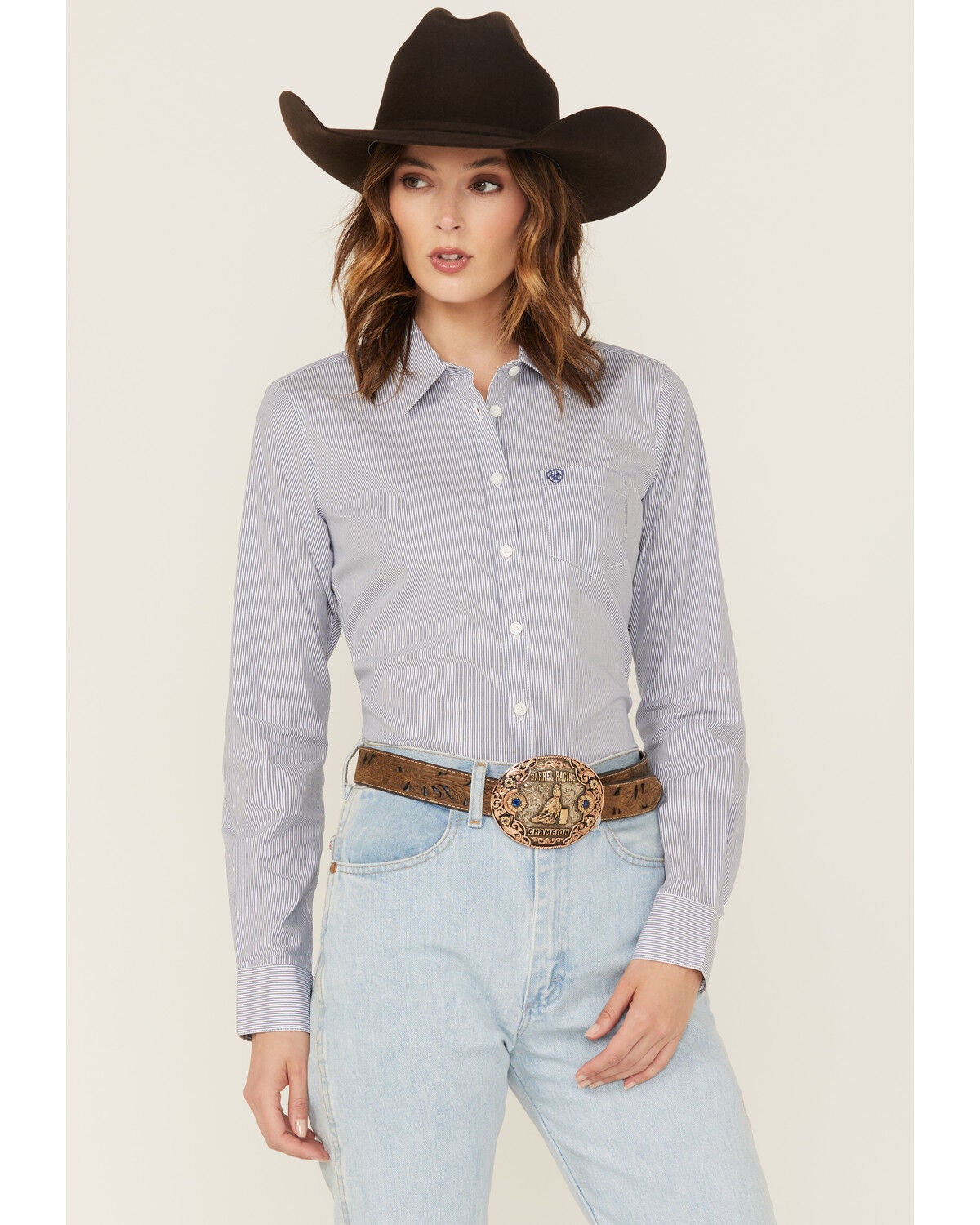 Ariat Women's Kirby Striped Print Long Sleeve Button-Down Stretch Western Shirt, Blue, hi-res
