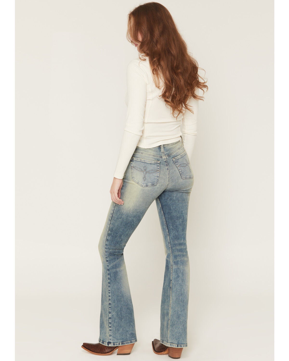 Image #3 - Shyanne Women's Kelly Wash High Rise Luna Flare Stretch Denim Jeans, Light Medium Wash, hi-res