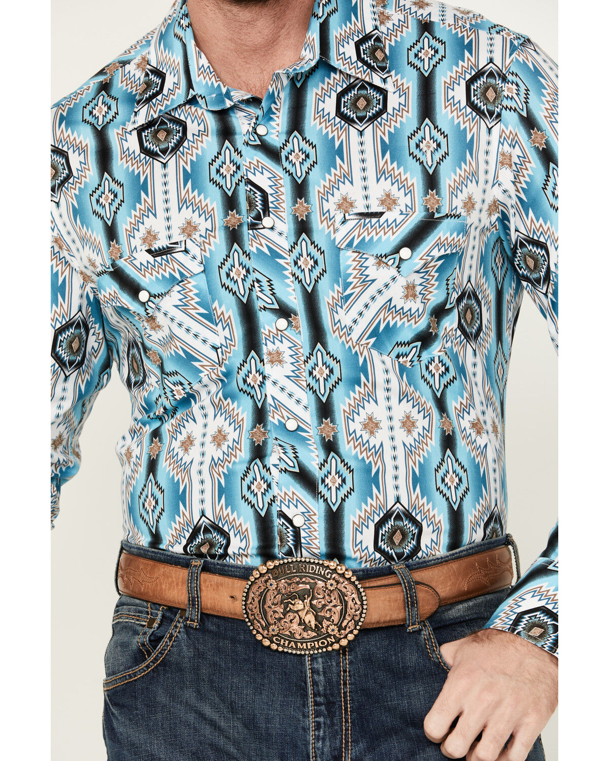 Image #3 - Rock & Roll Denim Men's Southwestern Print Long Sleeve Pearl Snap Stretch Western Shirt, Turquoise, hi-res