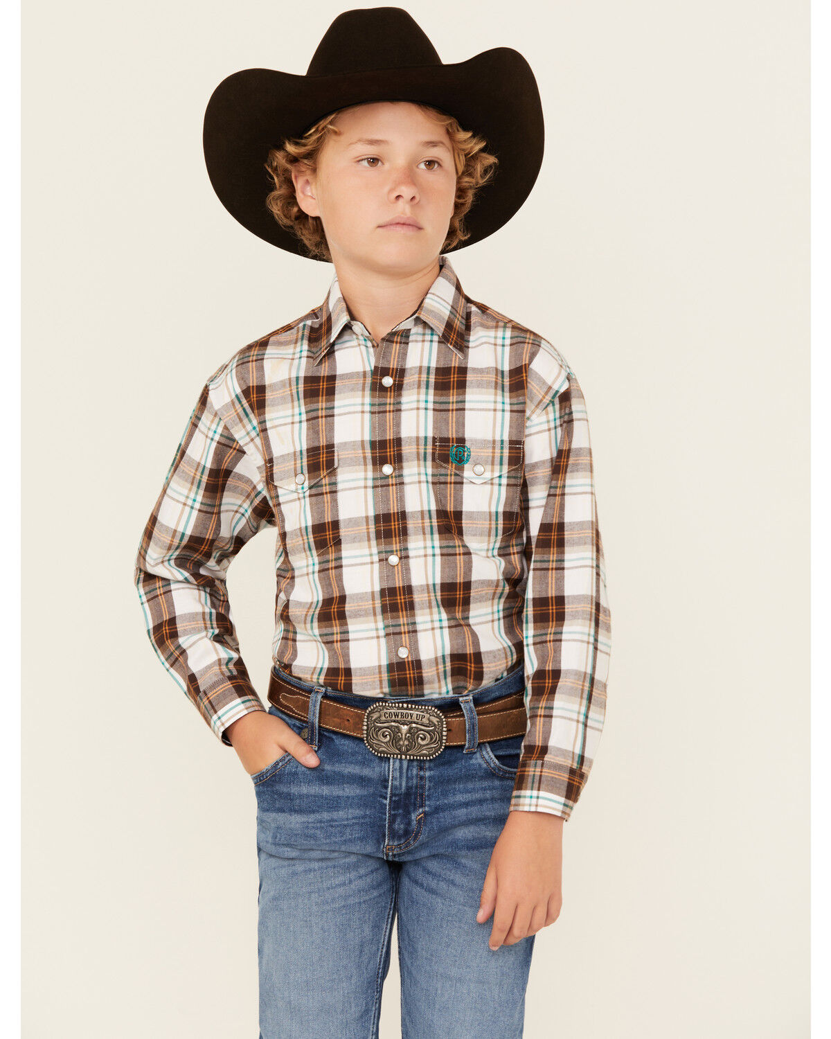 Image #1 - Panhandle Boys' Plaid Print Long Sleeve Pearl Snap Western Shirt, Brown, hi-res