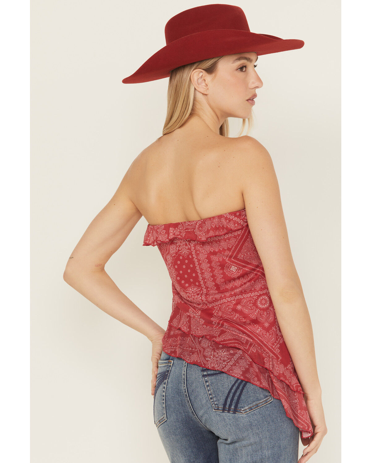 Image #4 - Shyanne Women's Bandana Print Asymmetrical Strapless Top, Red, hi-res