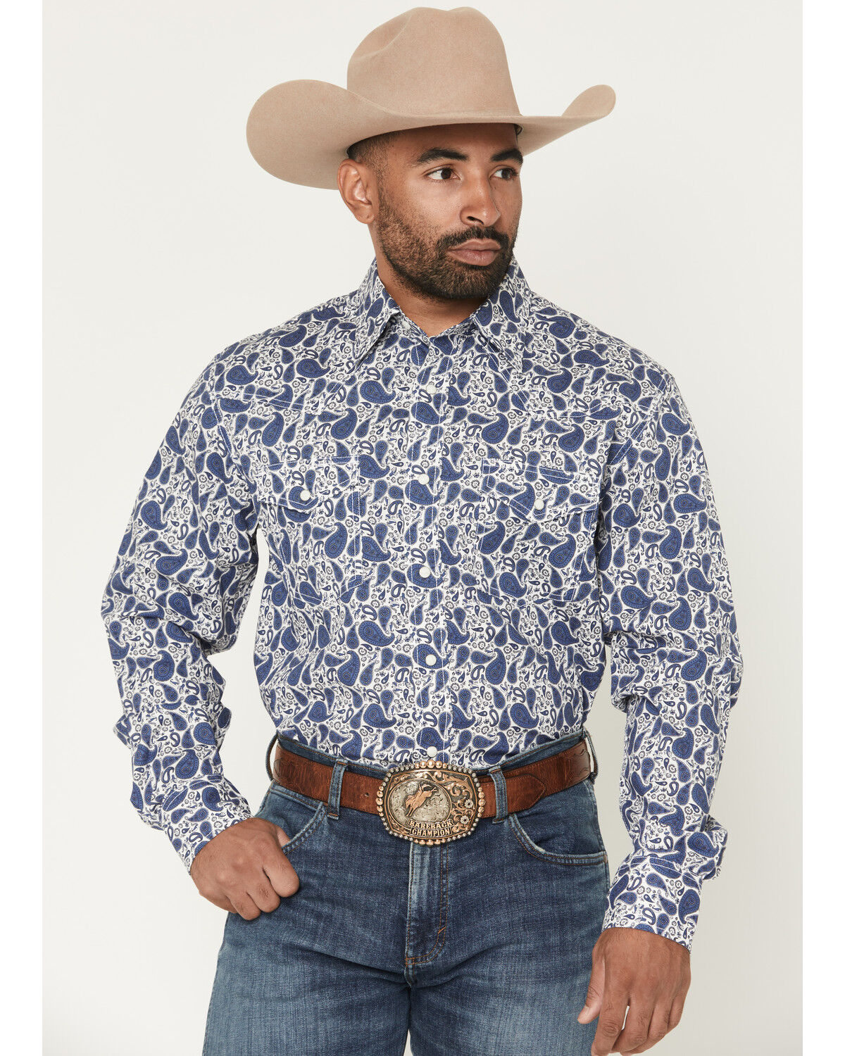 Image #1 - Wrangler 20X Men's Paisley Print Long Sleeve Snap Stretch Western Shirt, White, hi-res
