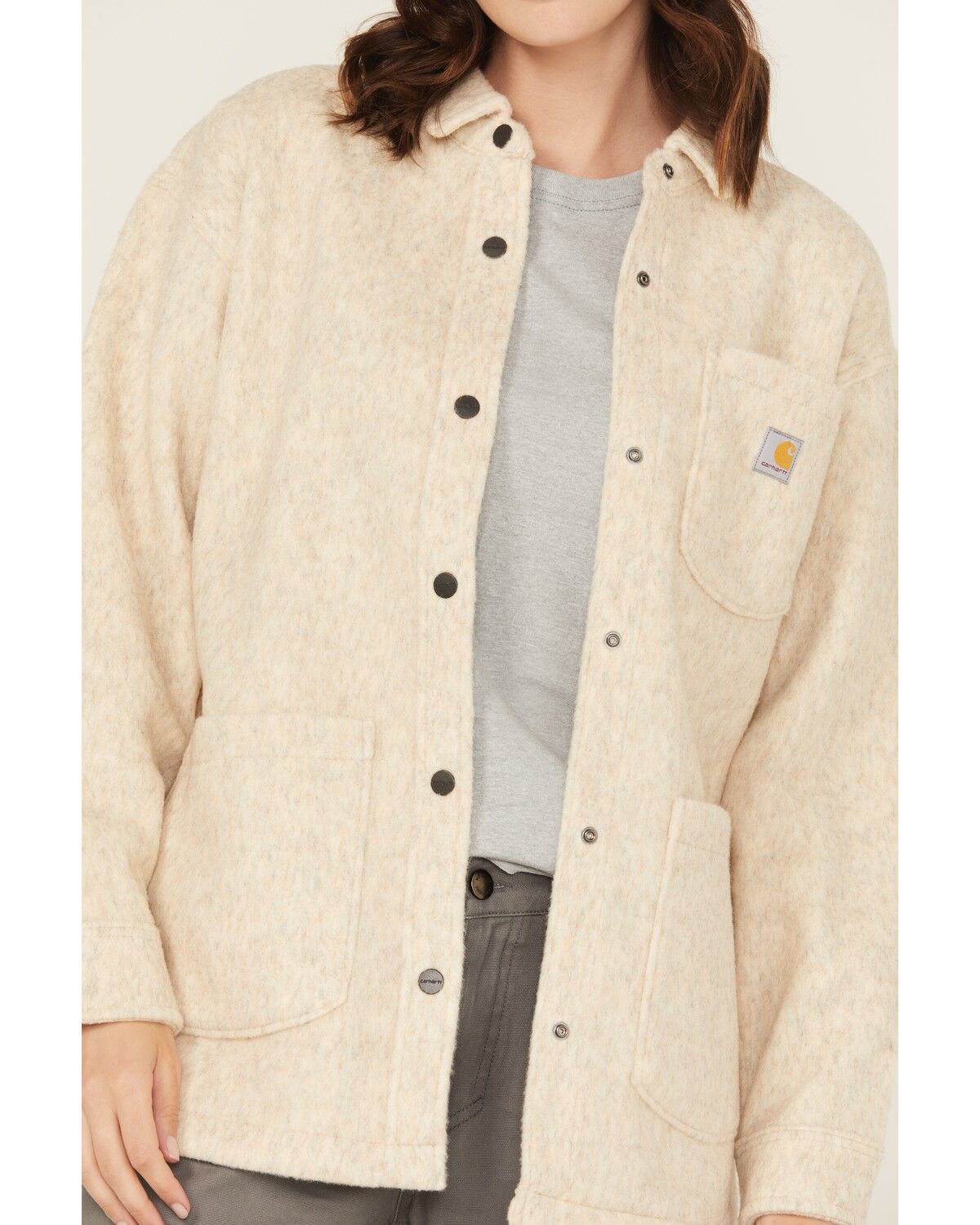 Image #3 - Carhartt Women's Loose Fit Brushed Fleece Snap Shacket, Oatmeal, hi-res