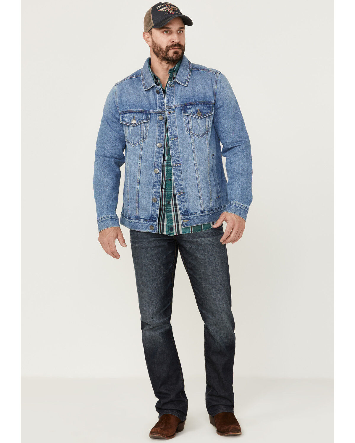Image #2 - Moonshine Spirit Men's Button-Down Unlined Denim Trucker Jacket, Medium Wash, hi-res