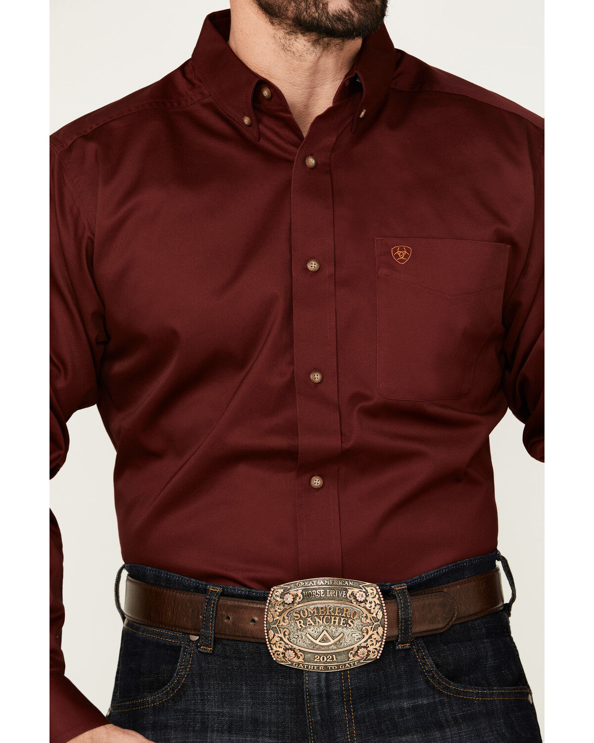 Image #3 - Ariat Men's Solid Twill Fitted Long Sleeve Button-Down Western Shirt, Burgundy, hi-res