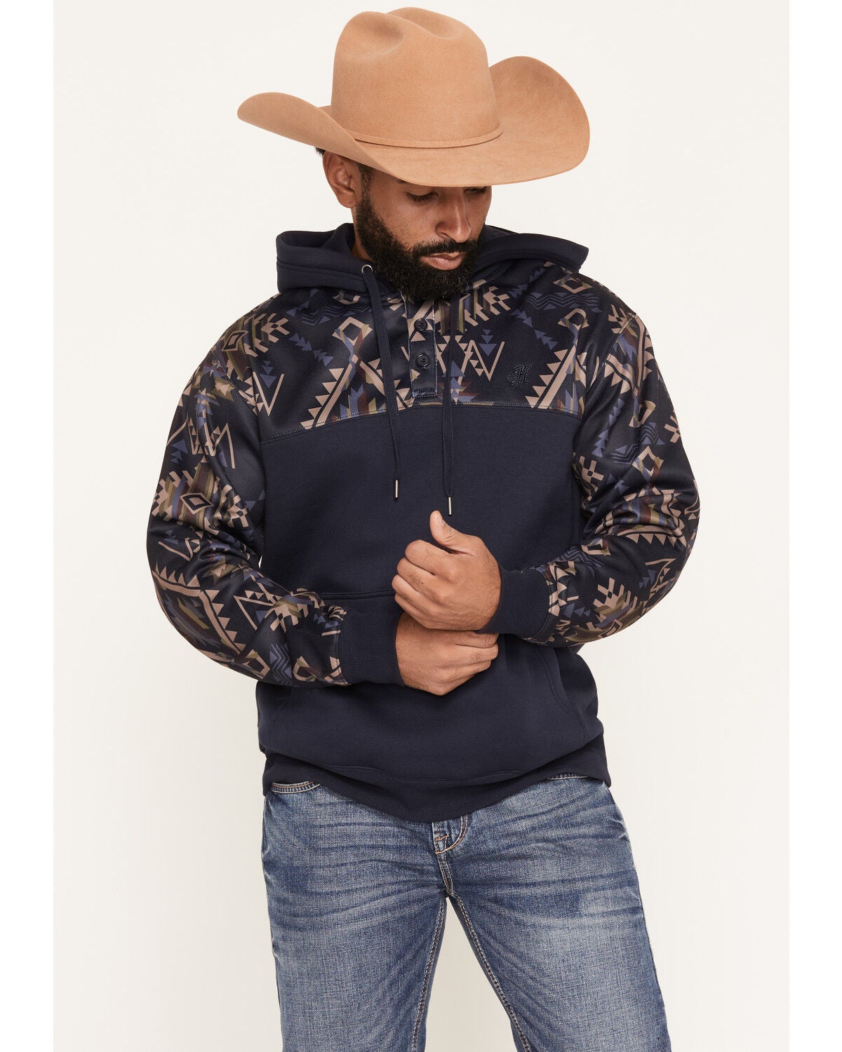 Image #1 - Hooey Men's Jimmy Southwestern Block Print Hooded Pullover, Navy, hi-res