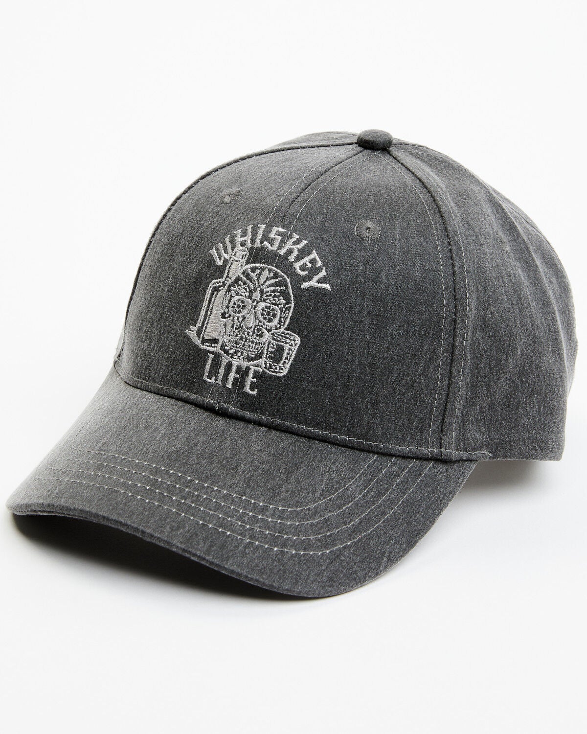 Moonshine Spirit&reg; Men's Embroidered Whiskey Life Skull Solid Ball Cap, Grey, hi-res