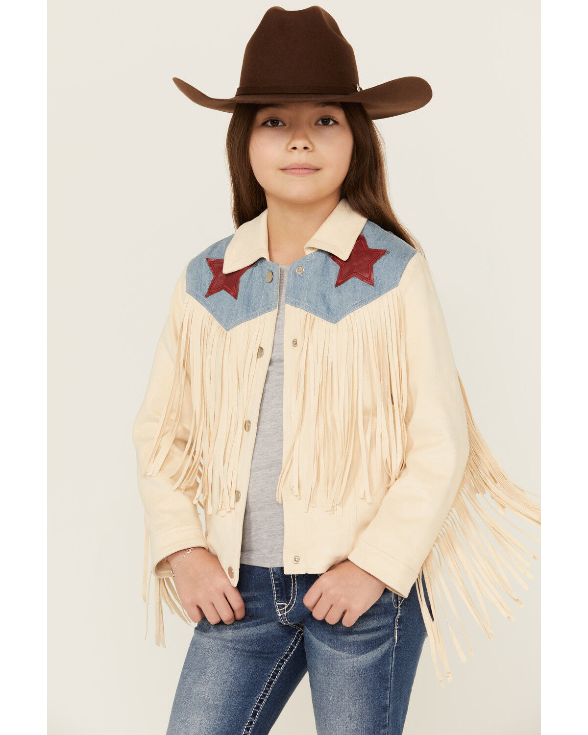 Image #1 - Fornia Girls' American Fringe Jacket, Cream, hi-res