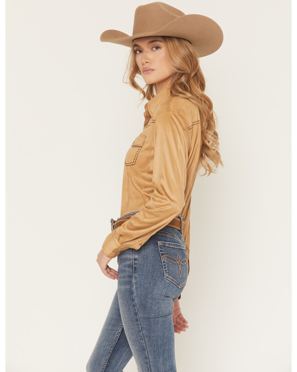 Image #2 - Cowgirl Hardware Women's Faux Suede Long Sleeve Snap Stretch Western Shirt, Tan, hi-res