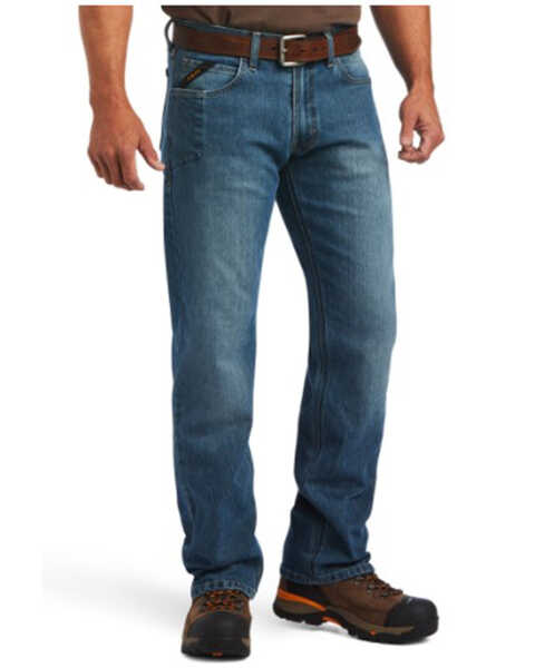 Ariat Men's Rebar M5 Edgewood Medium Wash Durastretch Basic Straight Leg Work Jeans , Blue, hi-res