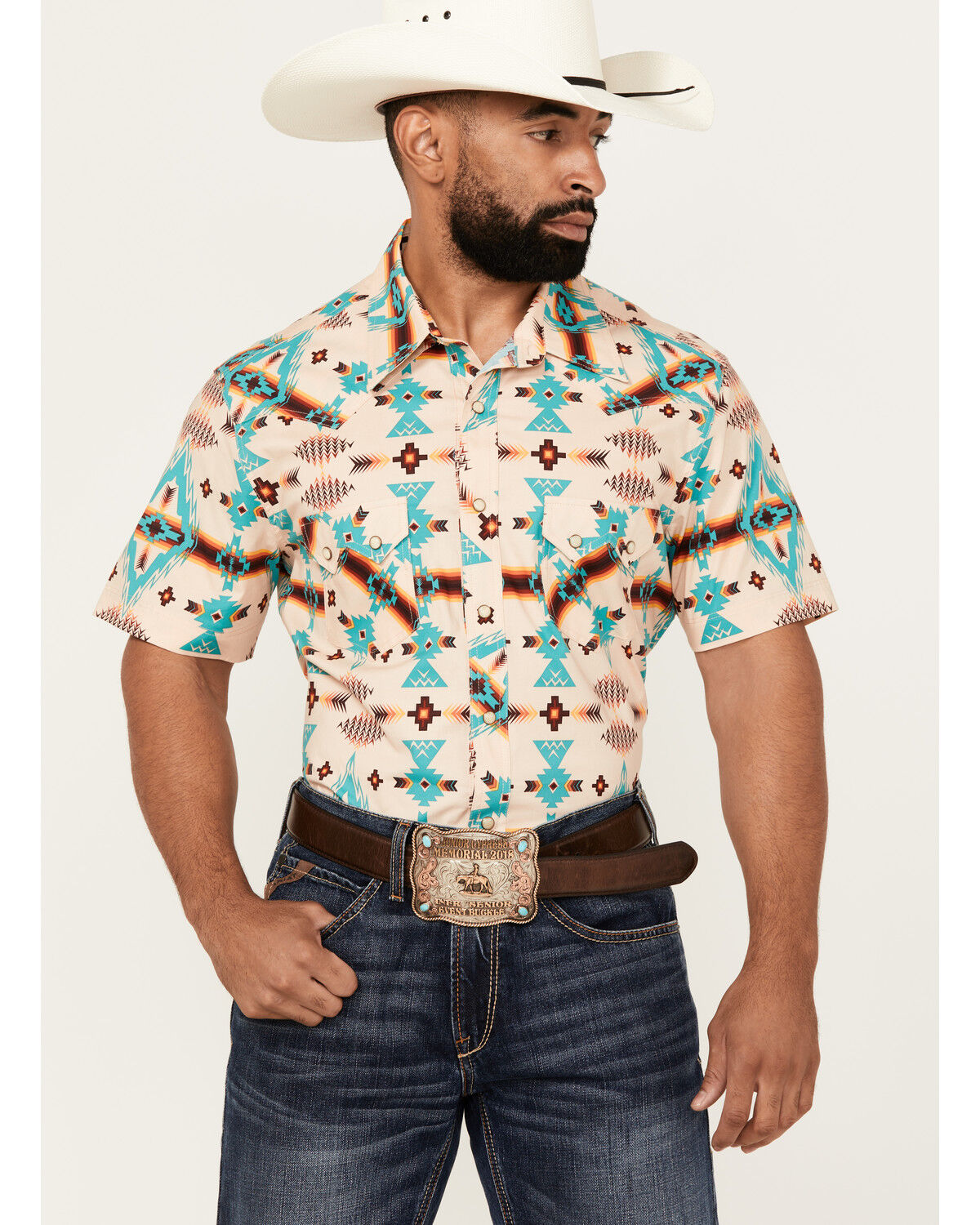 Image #1 - Rock & Roll Denim Men's Southwestern Striped Print Long Sleeve Snap Stretch Western Shirt, Natural, hi-res