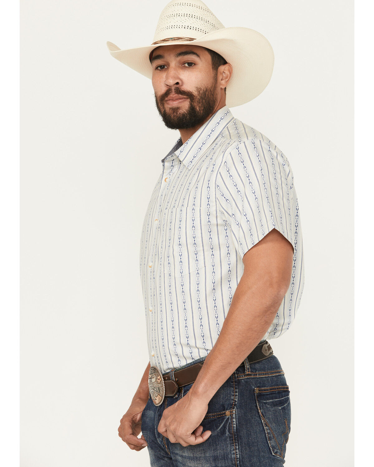 Image #2 - Cody James Men's Wild West Rhythms Southwestern Striped Print Short Sleeve Button-Down Stretch Western Shirt - Big, Tan, hi-res