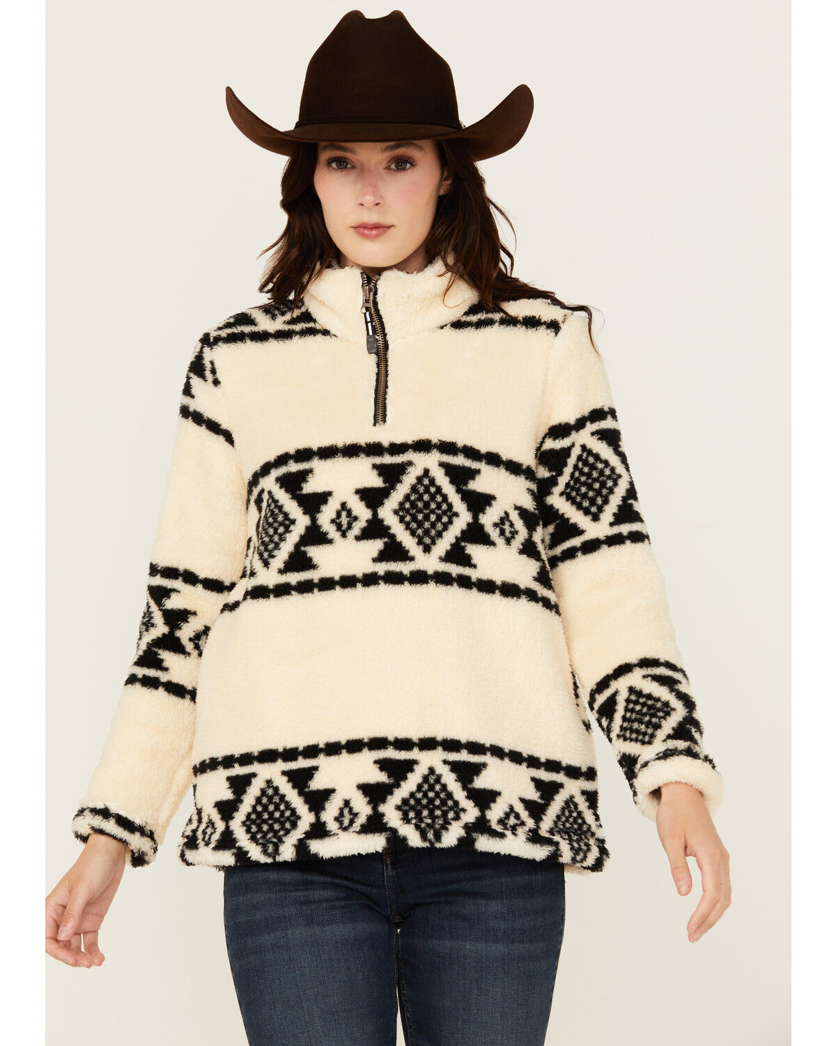Image #1 - Roper Women's Southwestern Print Sherpa 1/4 Zip Pullover, Cream, hi-res