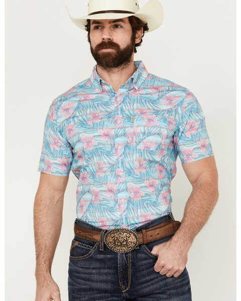 Ariat Men's Monroe Floral And Palm Leaf Print Short Sleeve Button-Down Stretch Western Shirt , Turquoise, hi-res
