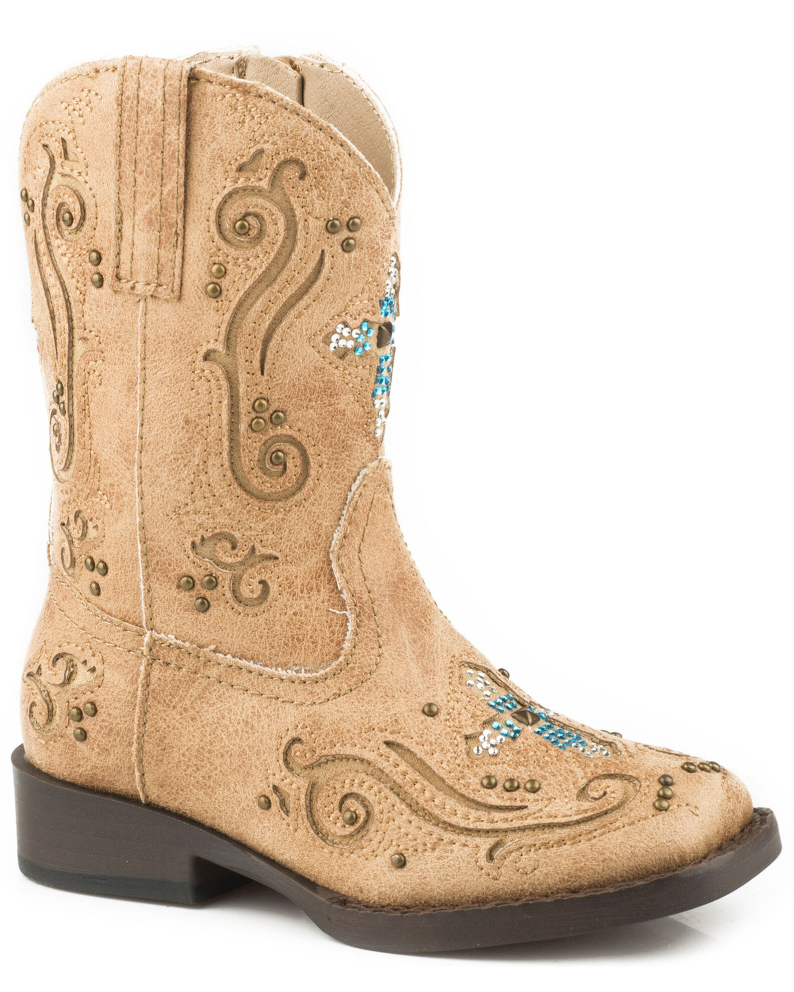 Roper Toddler Girls Faith Crystal Cross Western Boots Broad Square Toe Sheplers