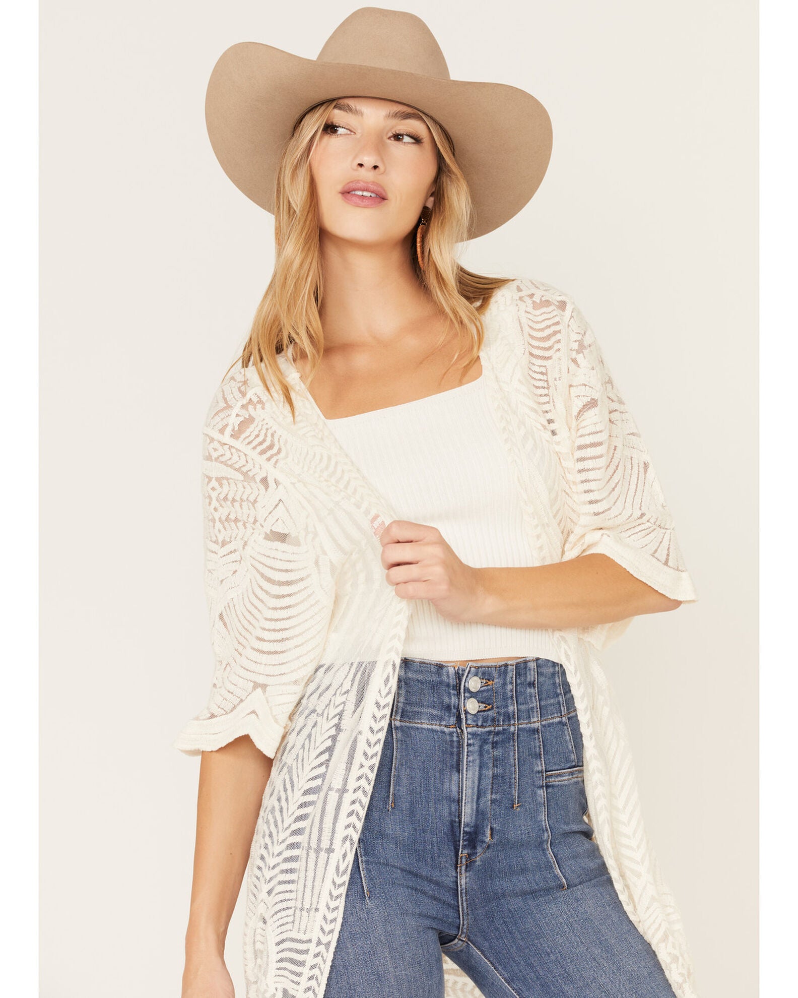 Product Name Shyanne Women's Geo Print Lace Short Sleeve Kimono