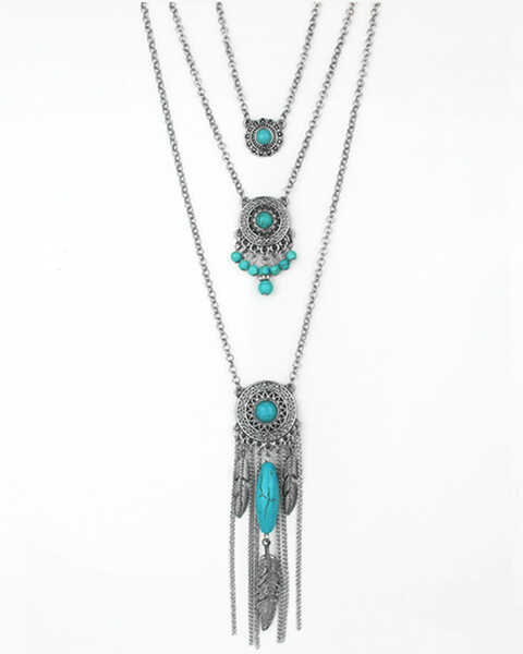 Prime Time Jewelry Women's Silver Dreamcatcher Turquoise Concho Layered Necklace Set, Silver, hi-res