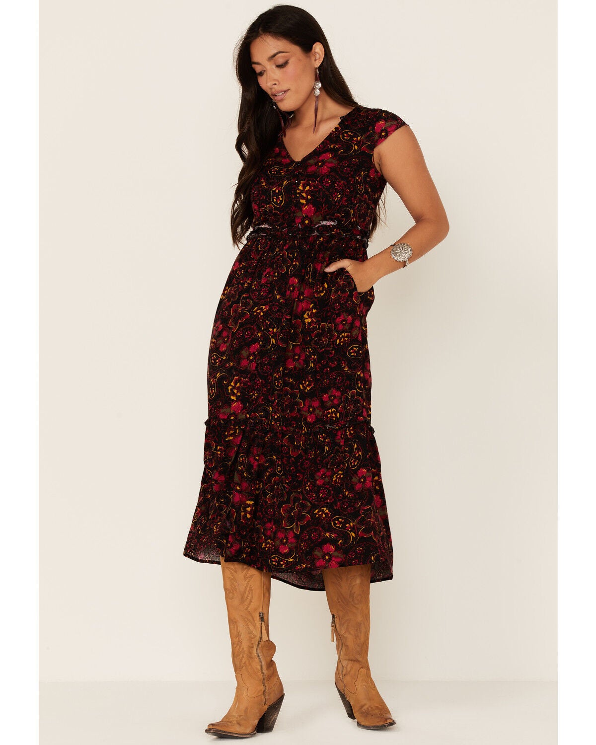 Idyllwind Women's Floral Willow Branch Midi Dress, Black, hi-res