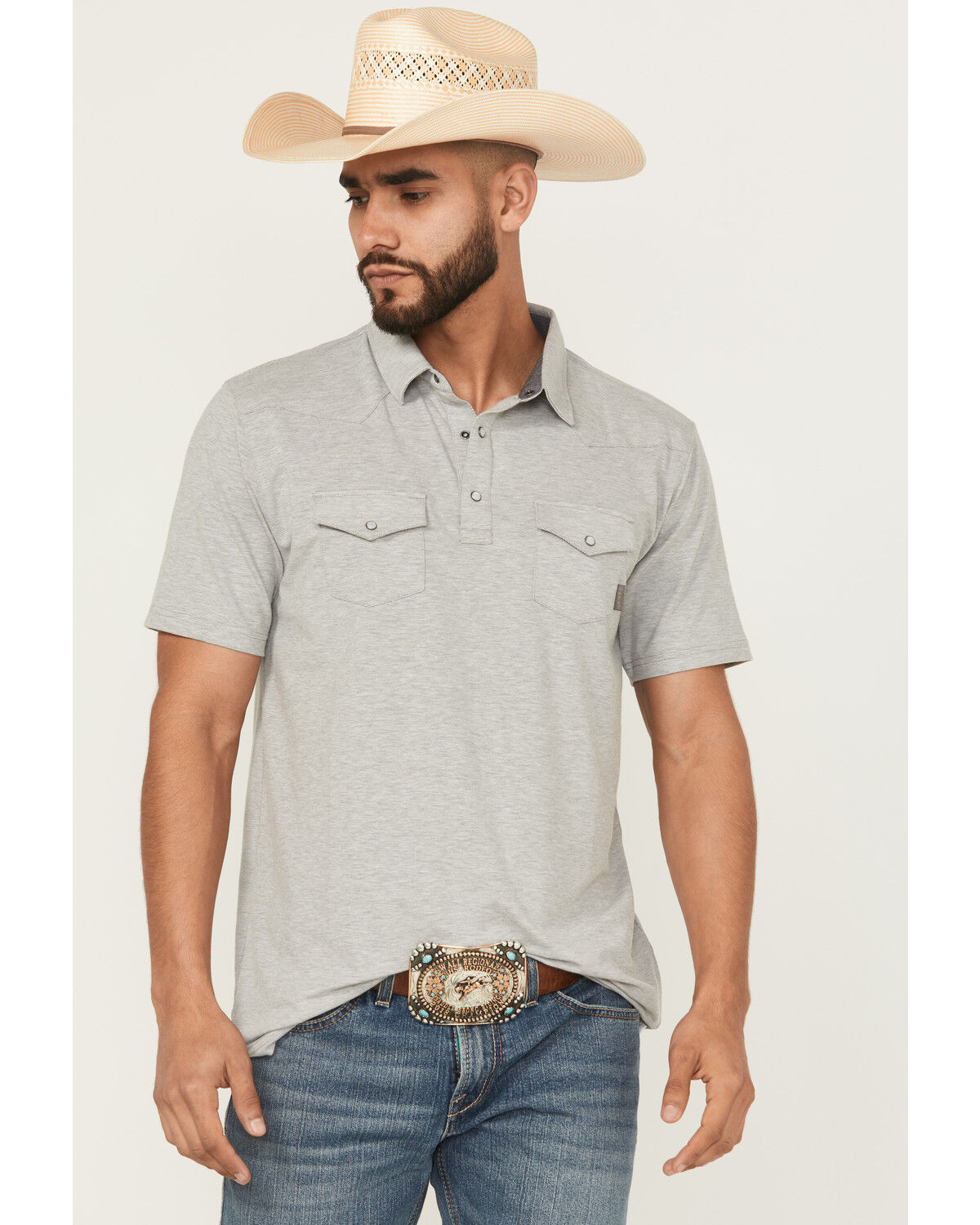 Image #1 - Ariat Men's Retro Solid Short Sleeve Snap Stretch Polo Shirt, Heather Grey, hi-res