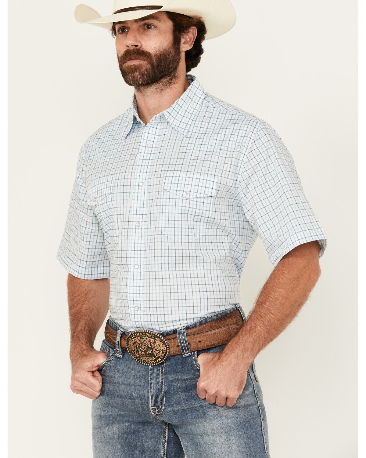 Image #1 - Wrangler Men's Plaid Print Short Sleeve Snap Western Shirt, White, hi-res