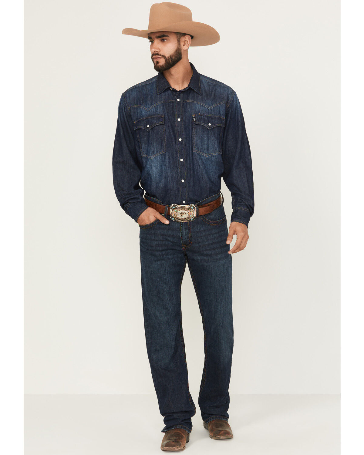 Image #1 - Cinch Men's Grant Dark Wash Relaxed Bootcut Stretch Denim Jeans, Indigo, hi-res