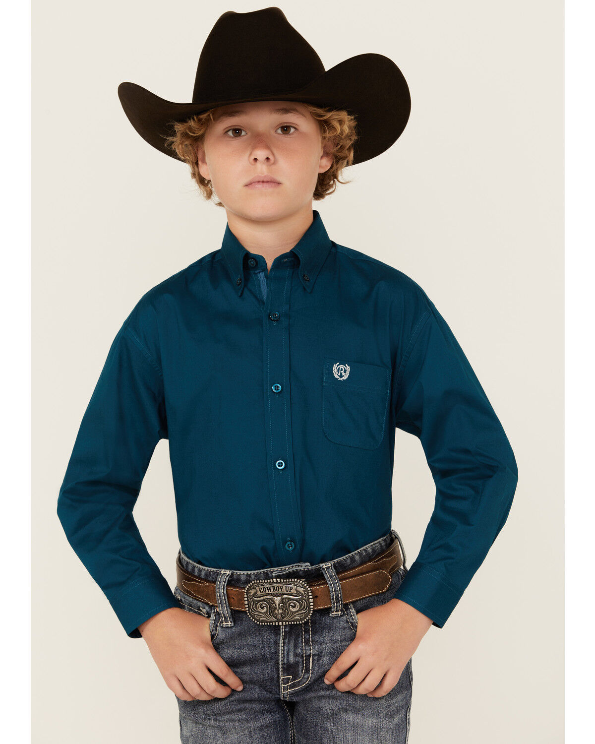 Image #1 - Panhandle Select Boys' Solid Long Sleeve Button-Down Stretch Western Shirt, Teal, hi-res