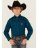 Image #1 - Panhandle Select Boys' Solid Long Sleeve Button-Down Stretch Western Shirt, Teal, hi-res