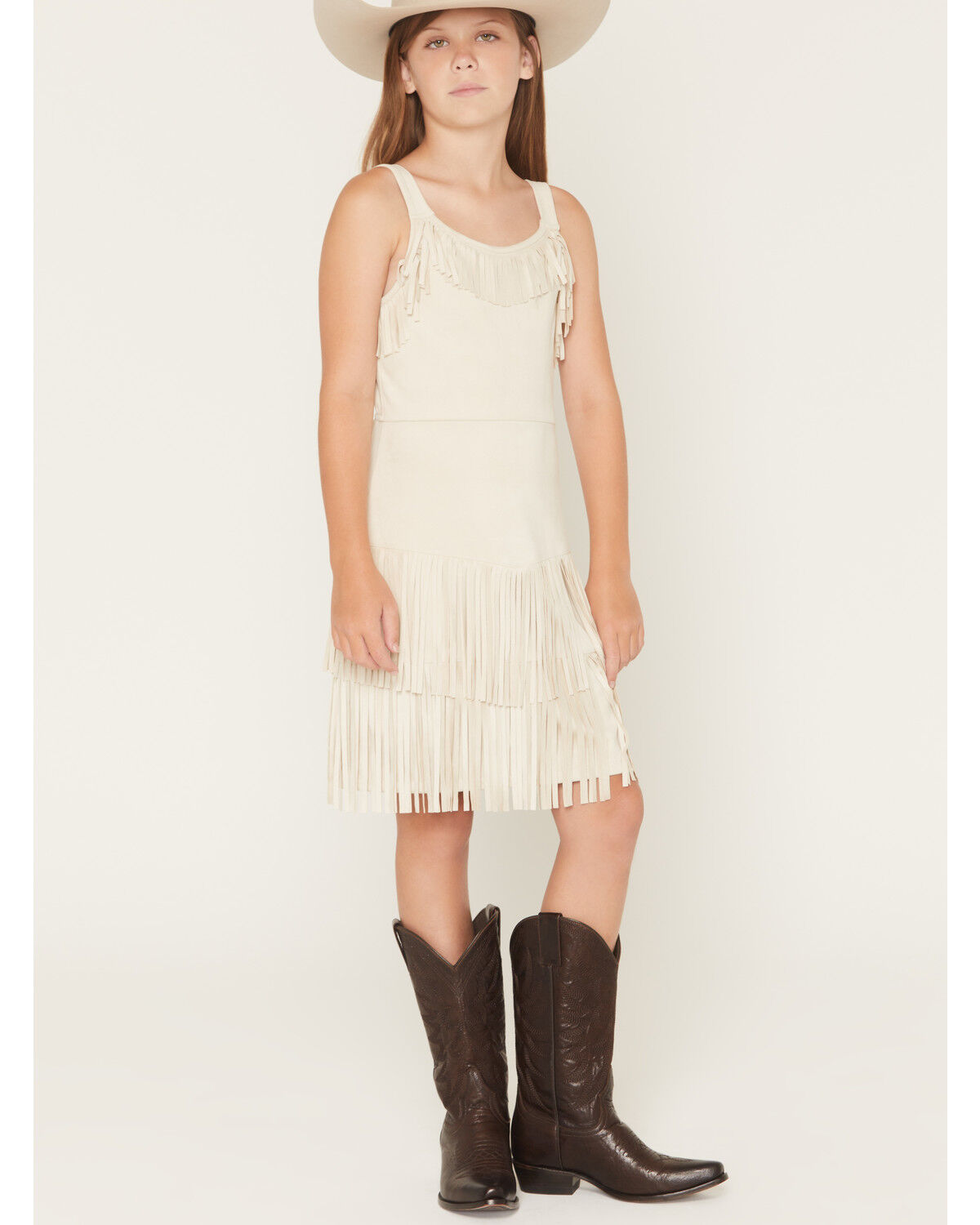 Image #1 - Shyanne Girls' Solid Faux Suede Fringe Sleeveless Dress, Ivory, hi-res
