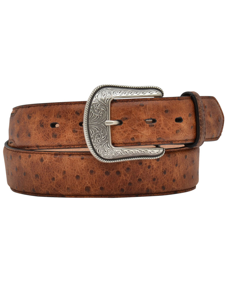 3D Vintage Ostrich Print Leather Belt, Tan, hi-res