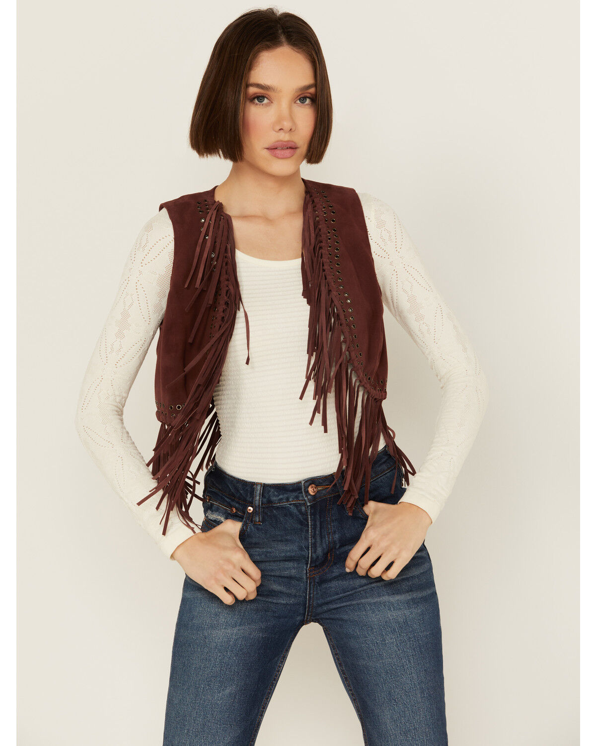 Image #1 - Shyanne Women's Short Fringe and Eyelet Suede Vest, Brown, hi-res