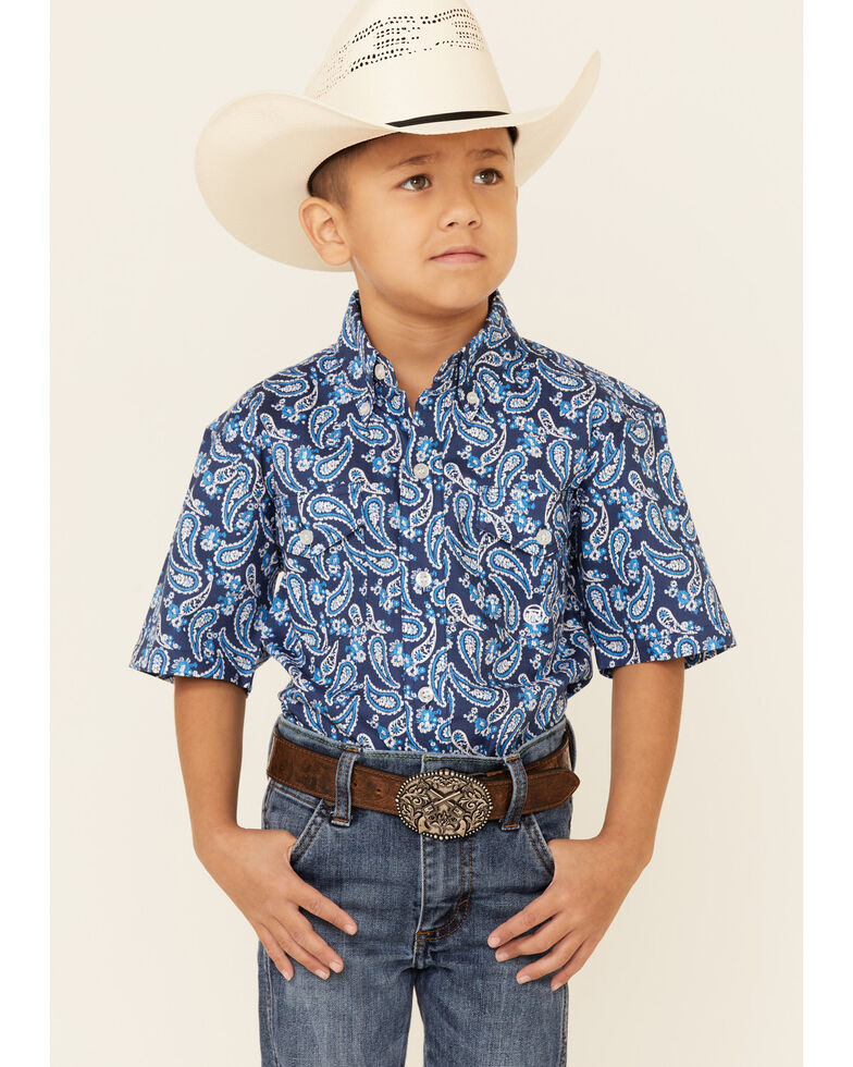 Roper Boys' Indigo Paisley Print Short Sleeve Button-Down Western Shirt , Blue, hi-res