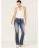 Miss Me Women's Medium Wash Stretch Mid Rise Embroidered Americana Cross Rhinestone Bootcut Jeans, Blue, hi-res