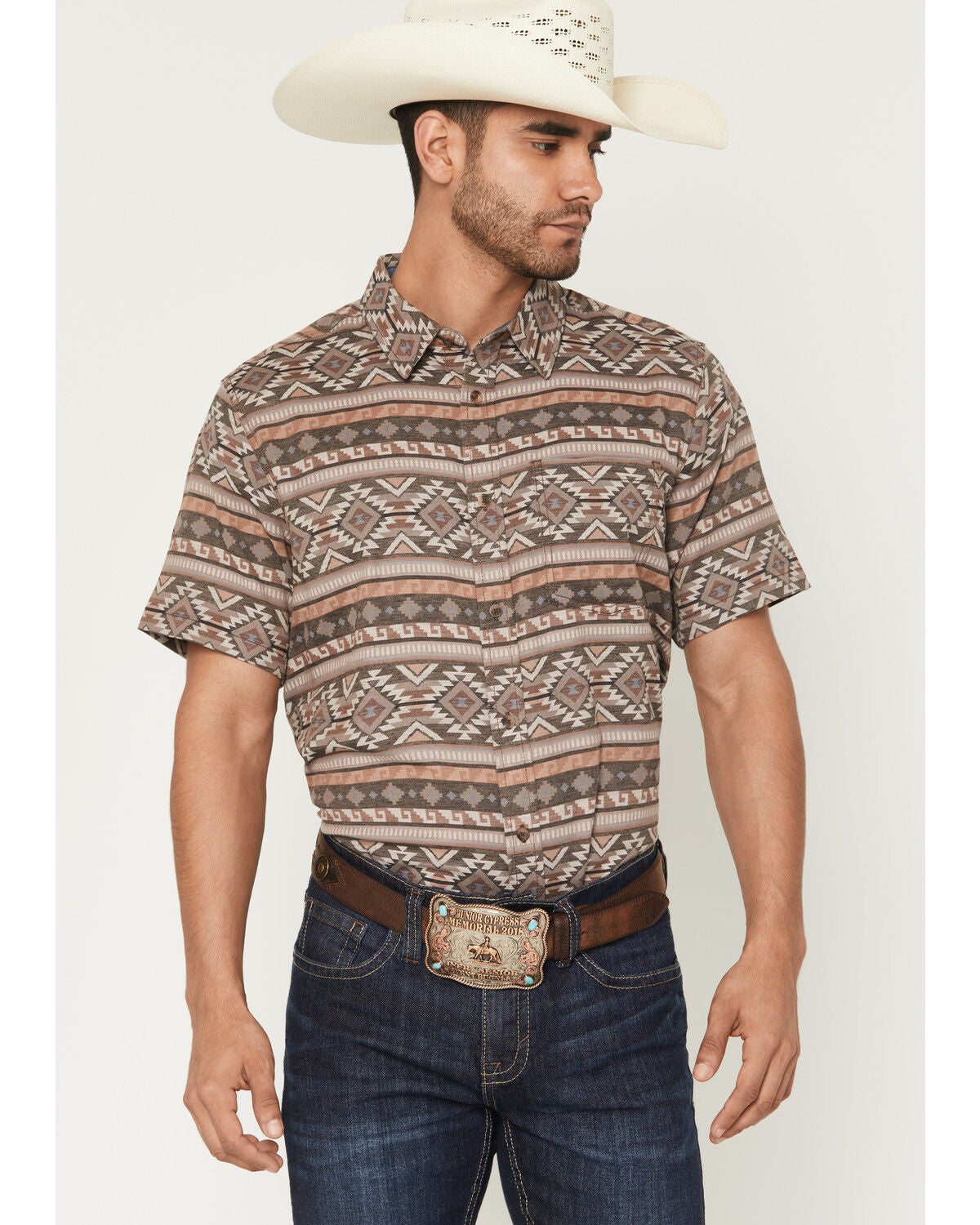 Image #1 - Cody James Men's Captain Southwestern Print Short Sleeve Button-Down Stretch Western Shirt, Brown, hi-res