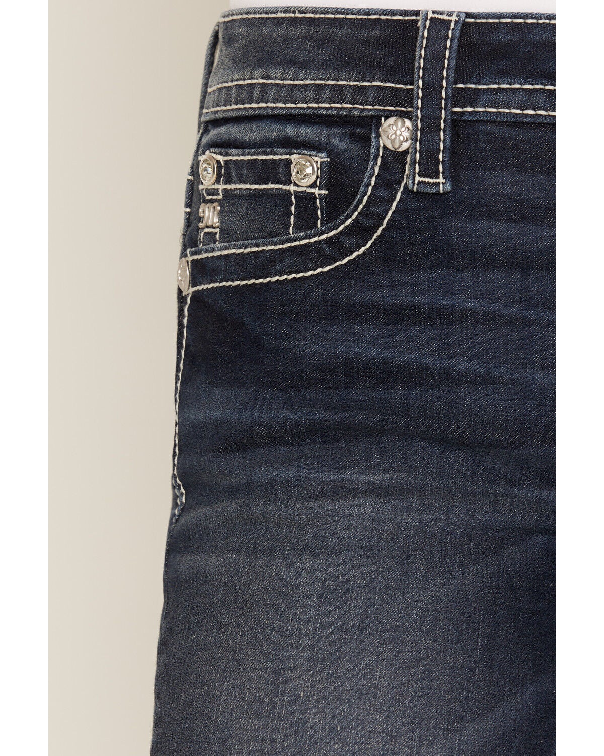 Image #4 - Miss Me Women's Dark Wash Floral Pocket 32" Bootcut Stretch Denim Jeans, Dark Wash, hi-res