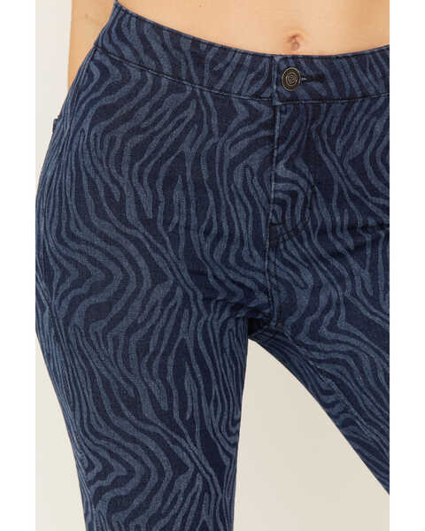 Image #2 - Rock & Roll Denim Women's Tiger Print High Rise Stretch Flare Jeans, Blue, hi-res