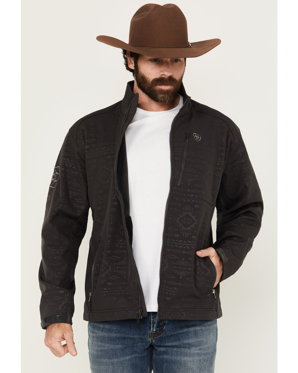 Image #1 - Ariat Men's Phantom Embossed Southwestern Print Logo 2.0 Softshell Jacket, Black, hi-res