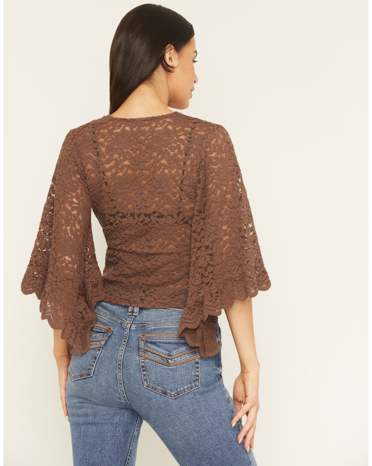Image #4 - Shyanne Women's Wrap Front Long Sleeve Lace Top, Brown, hi-res
