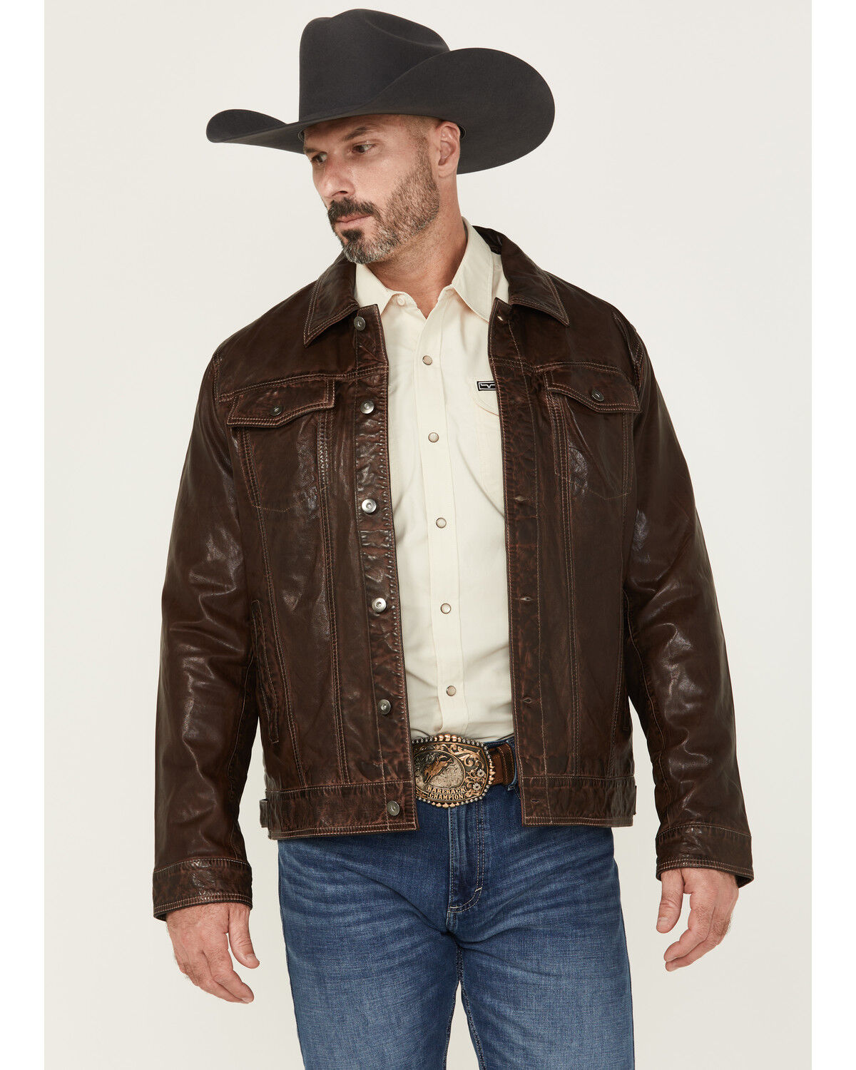 Image #1 - Scully Men's Leather Trucker Jacket, Brown, hi-res
