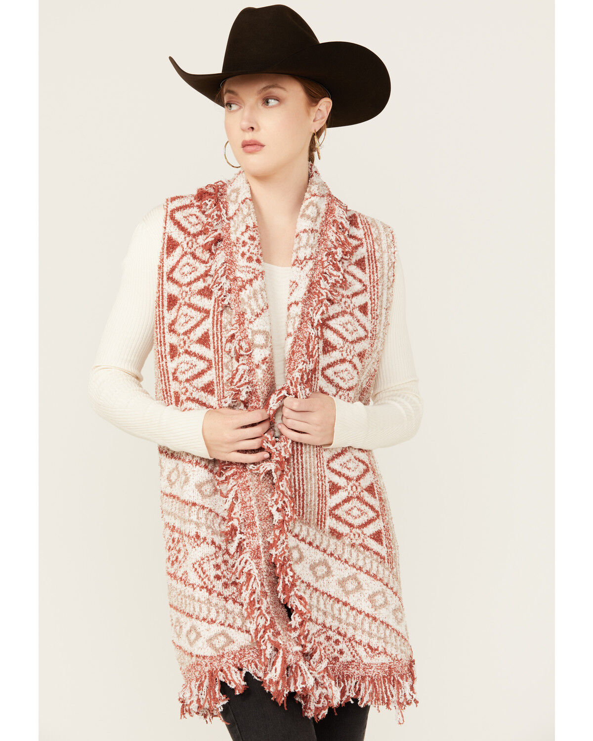 Image #1 - Miss Me Women's Southwestern Print Fringe Long Knit Vest, Red, hi-res