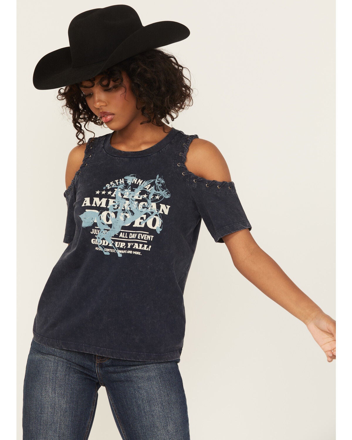 Shyanne Women's All American Rodeo Cold Shoulder Short Sleeve Graphic Tee, Indigo, hi-res
