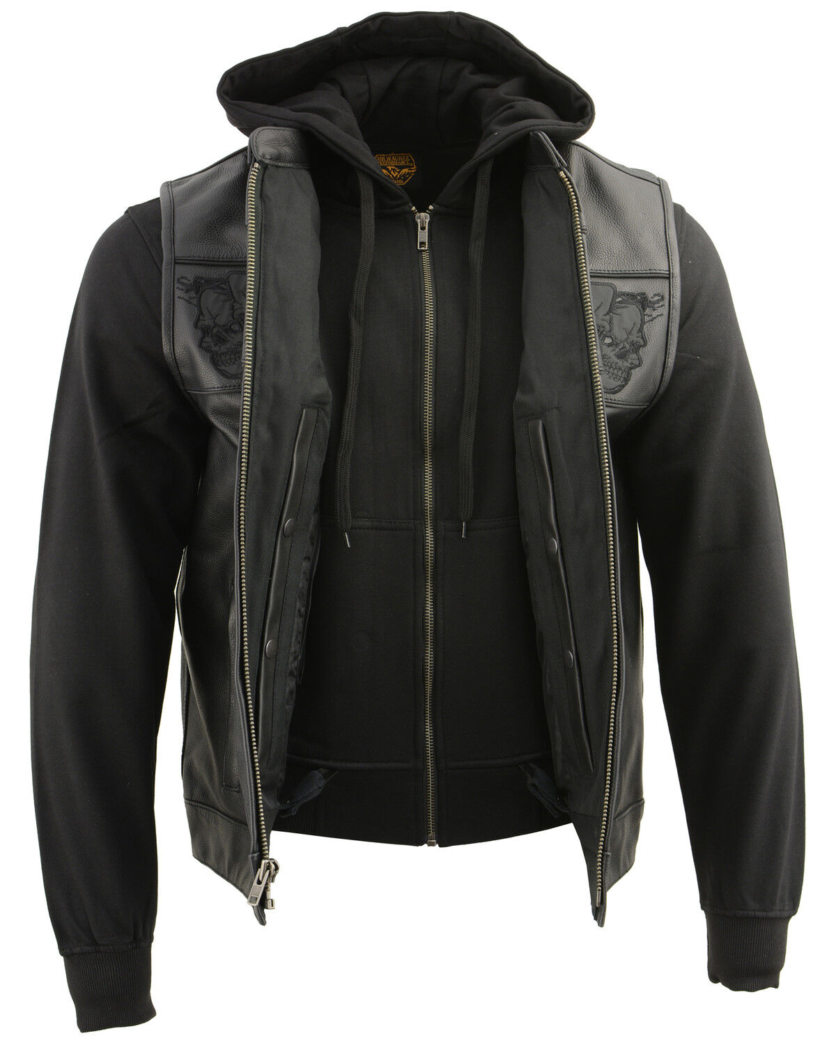 Image #2 - Milwaukee Leather Men's Leather Concealed Carry Vest with Reflective Skulls and Removeable Hoodie, Black, hi-res